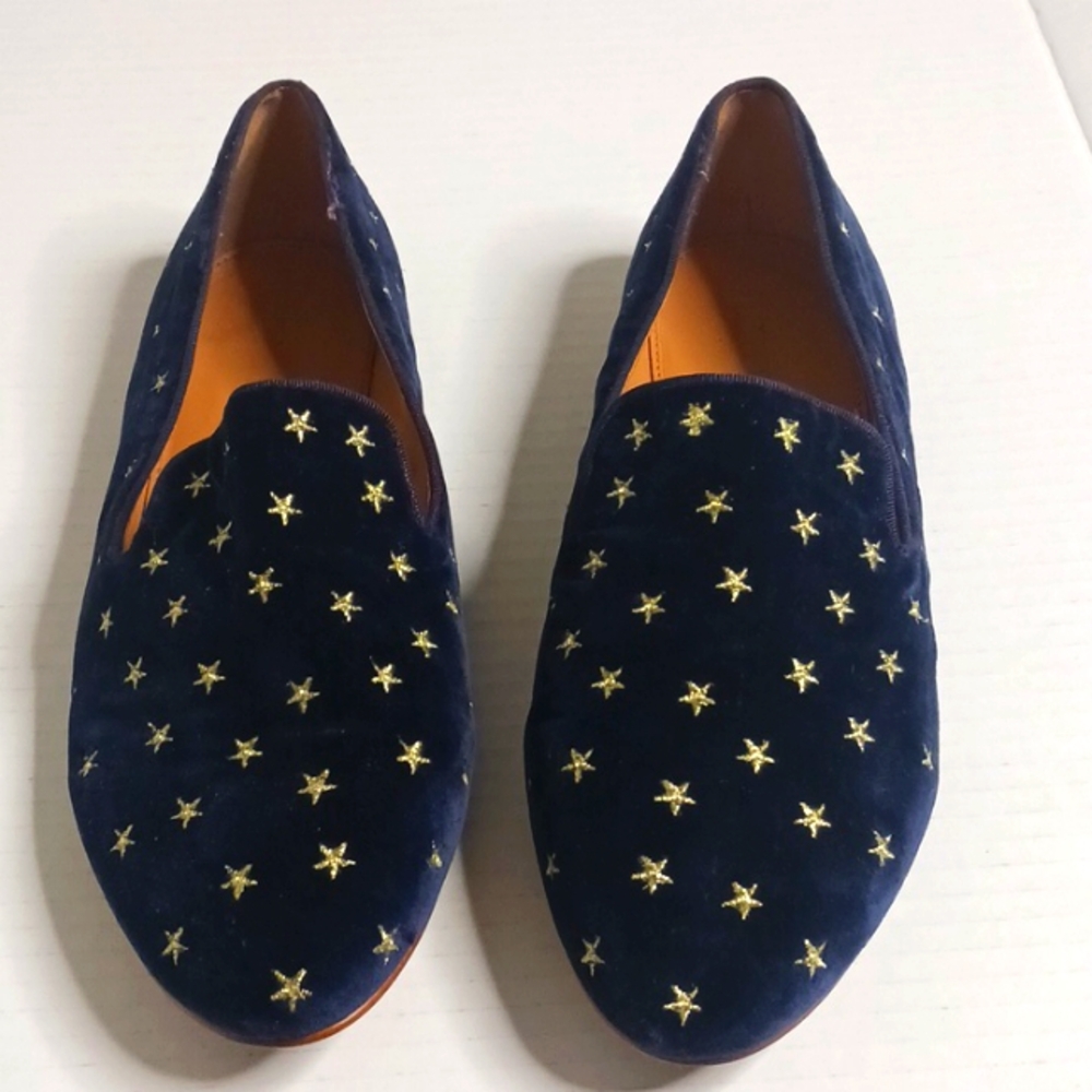 J. CREW STAR EMBROIDERED NAVY BLUE VELVET FLAT LOAFERS